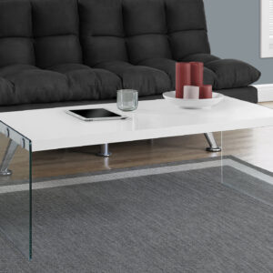 Coffee Table, Accent, Cocktail, Rectangular, Living Room, 44"L, Glossy White Laminate, Clear Tempered Glass, Contemporary, Modern