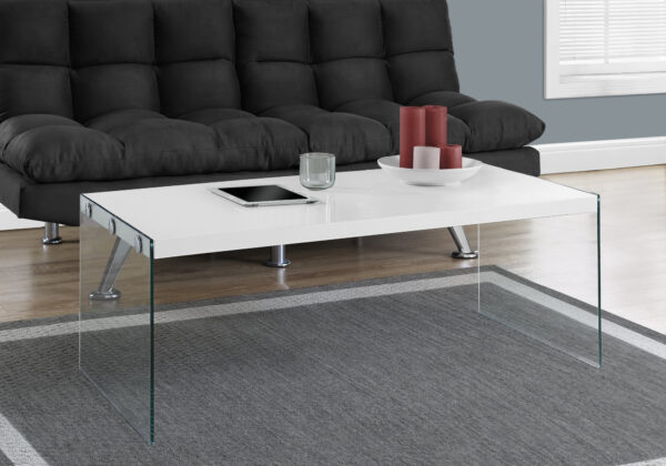 Coffee Table, Accent, Cocktail, Rectangular, Living Room, 44″L, Glossy White Laminate, Clear Tempered Glass, Contemporary, Modern