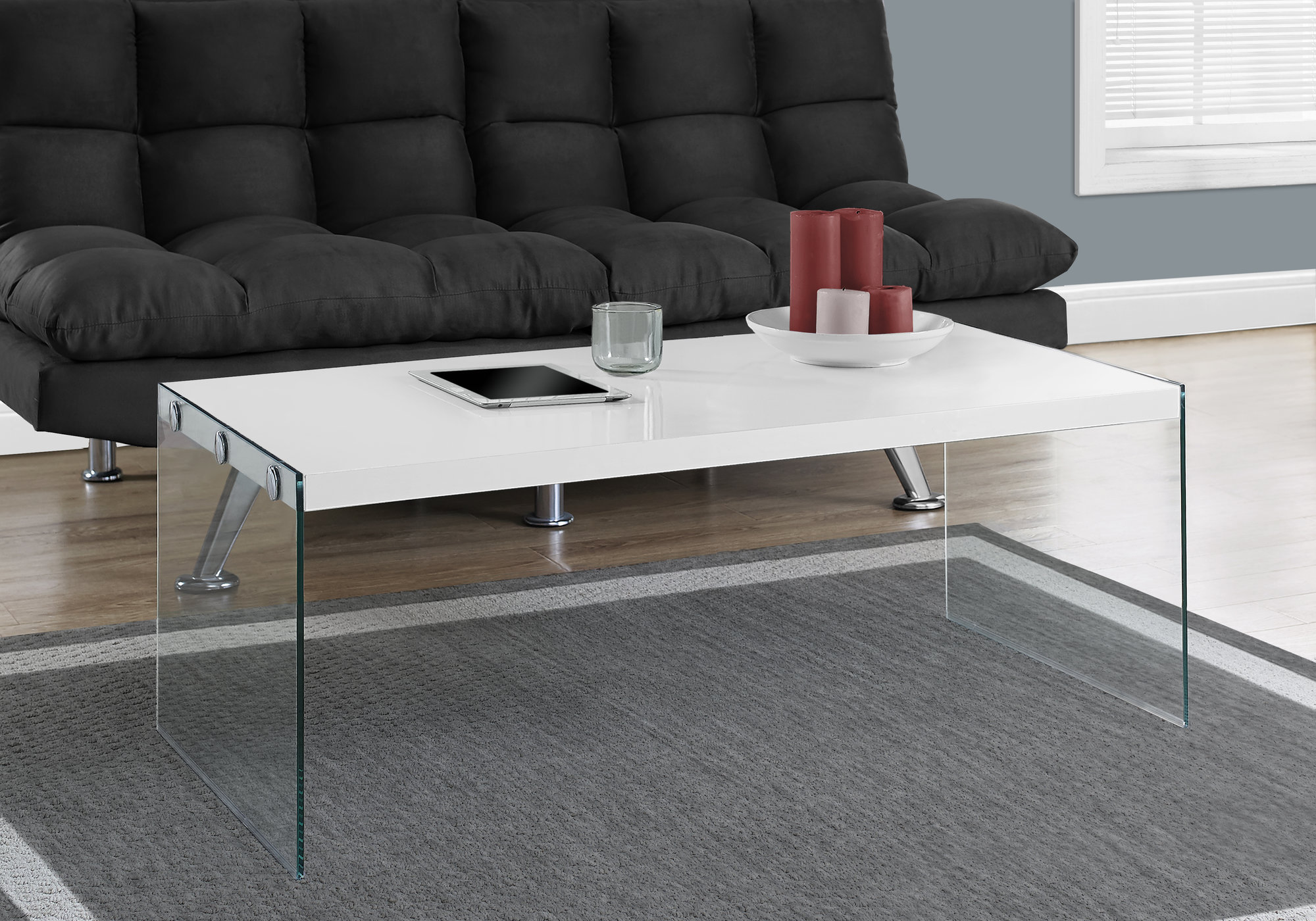 Coffee Table, Accent, Cocktail, Rectangular, Living Room, 44″L, Glossy White Laminate, Clear Tempered Glass, Contemporary, Modern