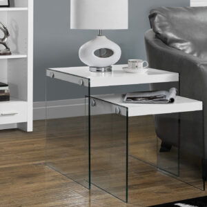 Nesting Table, Set Of 2, Side, End, Accent, Living Room, Bedroom, Glossy White Laminate, Clear Tempered Glass, Contemporary, Modern