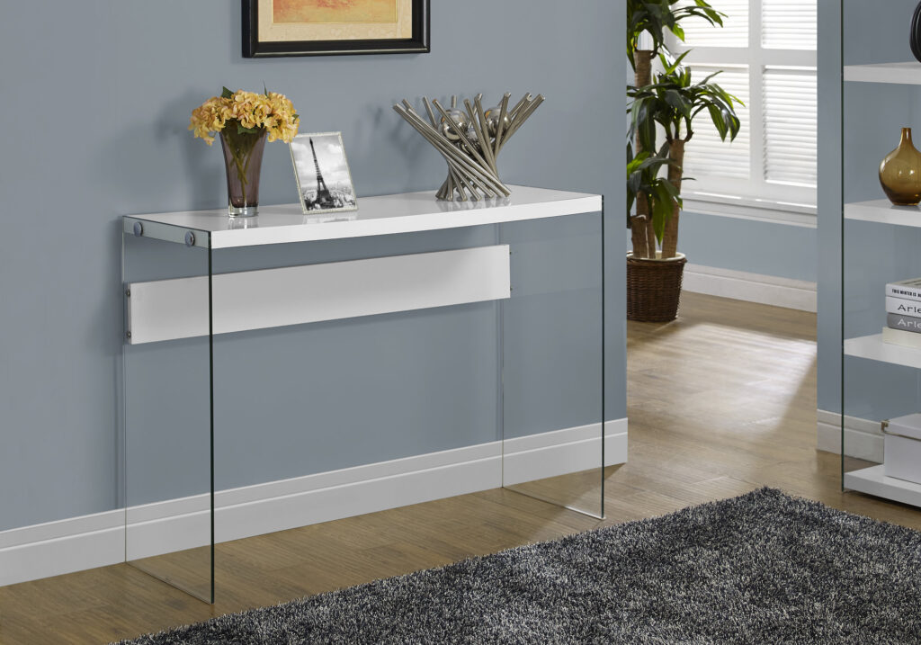 Accent Table, Console, Entryway, Narrow, Sofa, Living Room, Bedroom, Glossy White Laminate, Clear Tempered Glass, Contemporary, Modern
