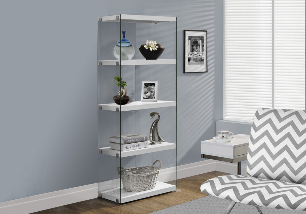 Bookshelf, Bookcase, Etagere, 5 Tier, 60″H, Office, Bedroom, Glossy White Laminate, Clear Tempered Glass, Contemporary, Modern