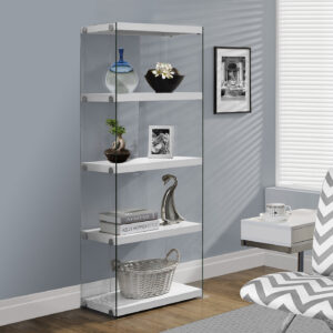 Bookshelf, Bookcase, Etagere, 5 Tier, 60"H, Office, Bedroom, Glossy White Laminate, Clear Tempered Glass, Contemporary, Modern