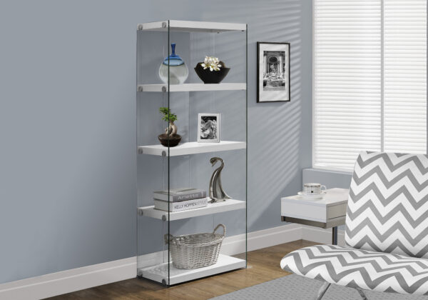 Bookshelf, Bookcase, Etagere, 5 Tier, 60″H, Office, Bedroom, Glossy White Laminate, Clear Tempered Glass, Contemporary, Modern
