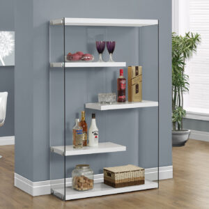 Bookshelf, Bookcase, Etagere, 5 Tier, 60"H, Office, Bedroom, Glossy White Laminate, Clear Tempered Glass, Contemporary, Modern
