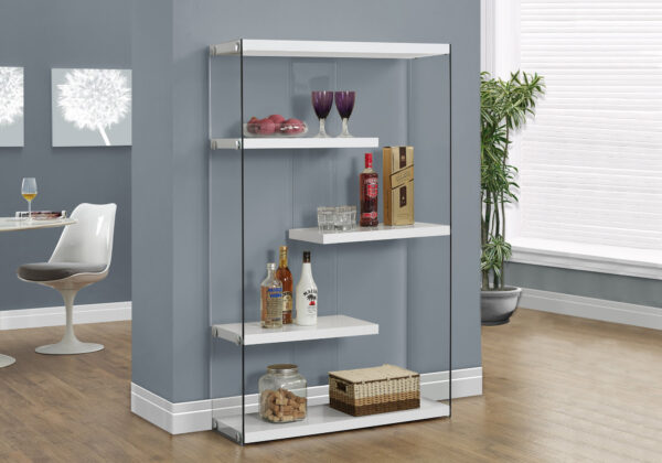 Bookshelf, Bookcase, Etagere, 5 Tier, 60″H, Office, Bedroom, Glossy White Laminate, Clear Tempered Glass, Contemporary, Modern