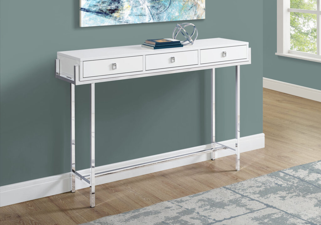 Accent Table, Console, Entryway, Narrow, Sofa, Storage Drawer, Living Room, Bedroom, Glossy White Laminate, Chrome Metal, Contemporary, Modern