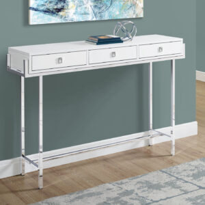 Accent Table, Console, Entryway, Narrow, Sofa, Storage Drawer, Living Room, Bedroom, Glossy White Laminate, Chrome Metal, Contemporary, Modern