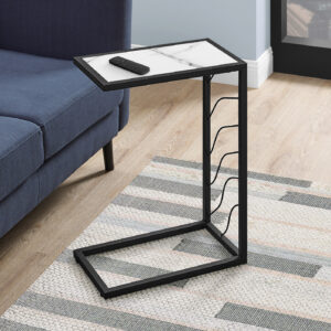 Accent Table, C-shaped, End, Side, Snack, Living Room, Bedroom, White Marble Look Laminate, Black Metal, Contemporary, Modern