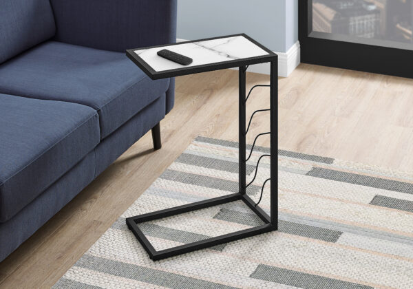 Accent Table, C-shaped, End, Side, Snack, Living Room, Bedroom, White Marble Look Laminate, Black Metal, Contemporary, Modern