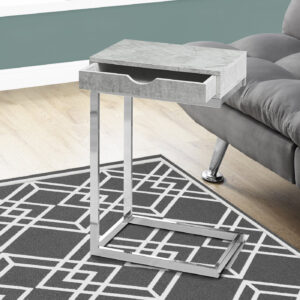 Accent Table, C-shaped, End, Side, Snack, Storage Drawer, Living Room, Bedroom, Grey Laminate, Chrome Metal, Contemporary, Modern