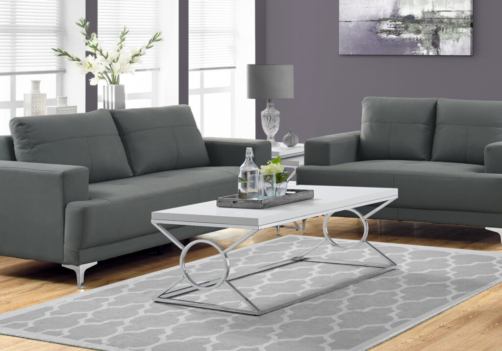 Coffee Table, Accent, Cocktail, Rectangular, Living Room, 44″L, Glossy White Laminate, Chrome Metal, Contemporary, Modern