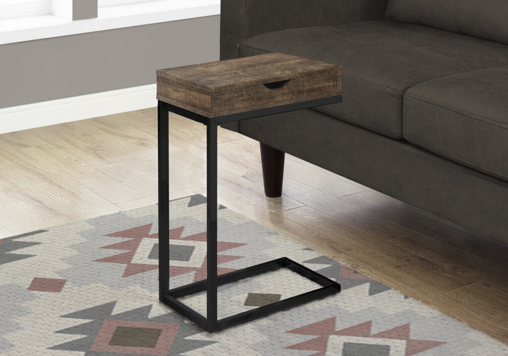 Accent Table, C-shaped, End, Side, Snack, Storage Drawer, Living Room, Bedroom, Brown Laminate, Black Metal, Contemporary, Modern