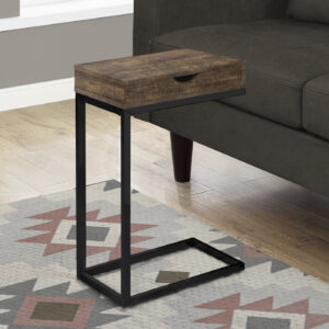Accent Table, C-shaped, End, Side, Snack, Storage Drawer, Living Room, Bedroom, Brown Laminate, Black Metal, Contemporary, Modern