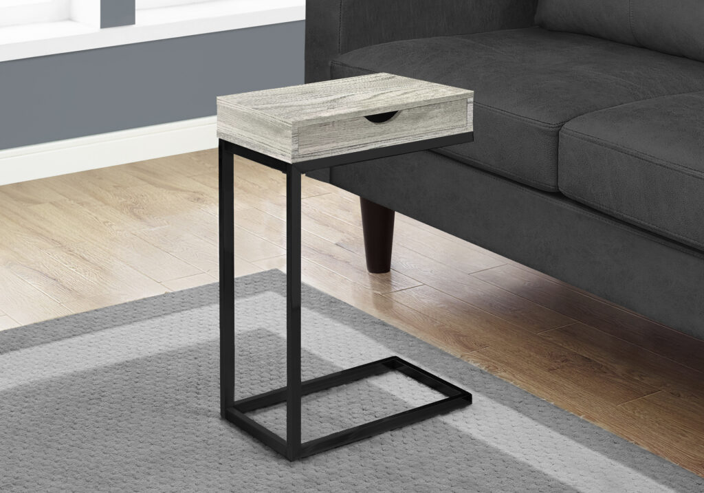 Accent Table, C-shaped, End, Side, Snack, Storage Drawer, Living Room, Bedroom, Grey Laminate, Black Metal, Contemporary, Modern
