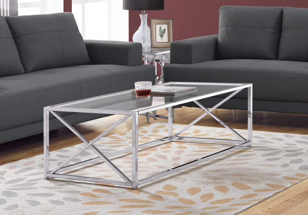 Coffee Table, Accent, Cocktail, Rectangular, Living Room, 44″L, Clear Tempered Glass, Chrome Metal, Contemporary, Modern