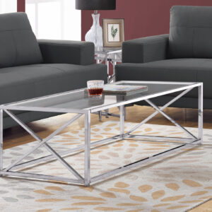 Coffee Table, Accent, Cocktail, Rectangular, Living Room, 44"L, Clear Tempered Glass, Chrome Metal, Contemporary, Modern