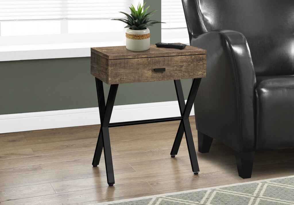 Accent Table, Side, End, Nightstand, Lamp, Storage Drawer, Living Room, Bedroom, Brown Laminate, Black Metal, Contemporary, Modern