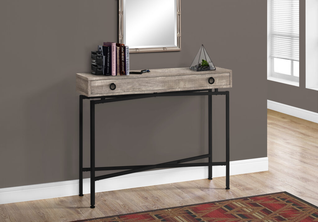 Accent Table, Console, Entryway, Narrow, Sofa, Storage Drawer, Living Room, Bedroom, Beige Laminate, Black Metal, Contemporary, Modern