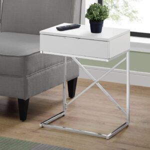 Accent Table, Side, End, Nightstand, Lamp, Storage Drawer, Living Room, Bedroom, Glossy White Laminate, Chrome Metal, Contemporary, Modern