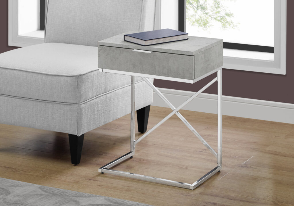 Accent Table, Side, End, Nightstand, Lamp, Storage Drawer, Living Room, Bedroom, Grey Laminate, Chrome Metal, Contemporary, Modern