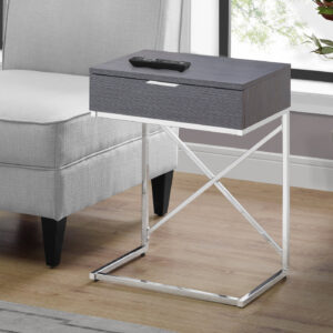 Accent Table, Side, End, Nightstand, Lamp, Storage Drawer, Living Room, Bedroom, Grey Laminate, Chrome Metal, Contemporary, Modern