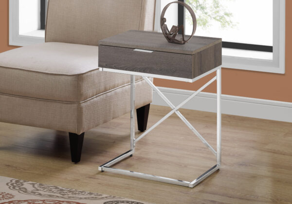 Accent Table, Side, End, Nightstand, Lamp, Storage Drawer, Living Room, Bedroom, Brown Laminate, Chrome Metal, Contemporary, Modern