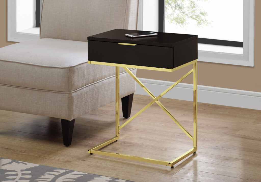 Accent Table, Side, End, Nightstand, Lamp, Storage Drawer, Living Room, Bedroom, Brown Laminate, Gold Metal, Contemporary, Modern