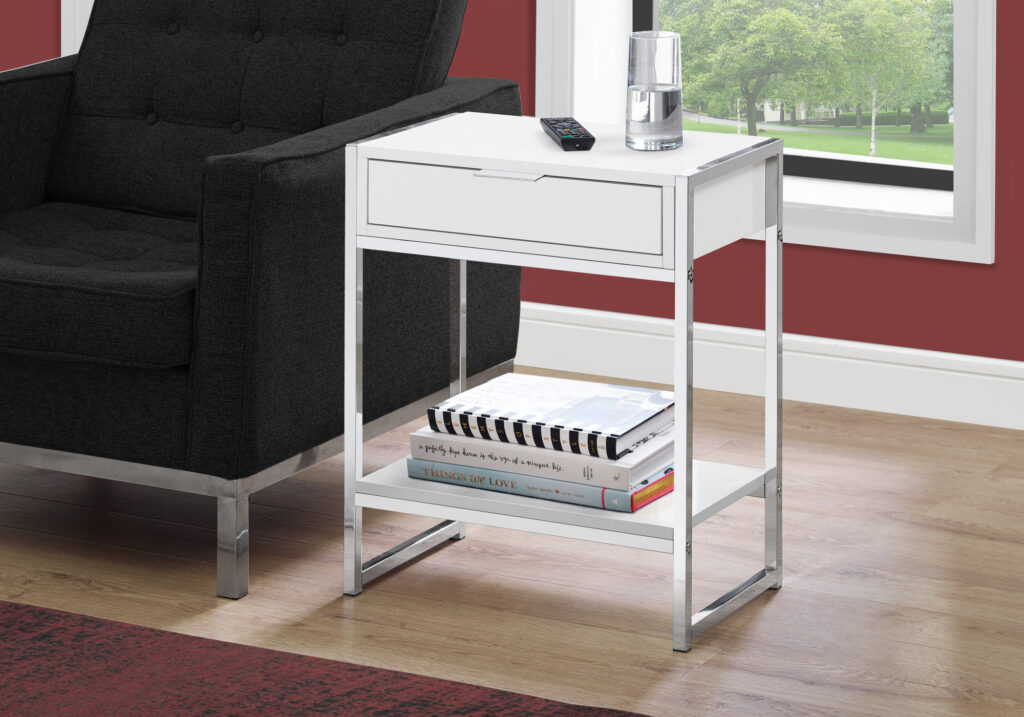 Accent Table, Side, End, Nightstand, Lamp, Storage Drawer, Living Room, Bedroom, Glossy White Laminate, Chrome Metal, Contemporary, Modern
