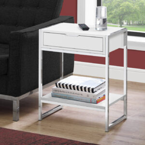 Accent Table, Side, End, Nightstand, Lamp, Storage Drawer, Living Room, Bedroom, Glossy White Laminate, Chrome Metal, Contemporary, Modern