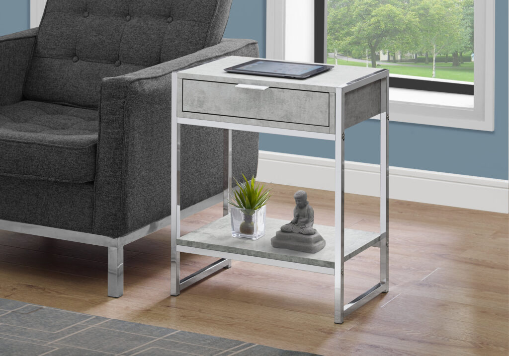 Accent Table, Side, End, Nightstand, Lamp, Storage Drawer, Living Room, Bedroom, Grey Laminate, Chrome Metal, Contemporary, Modern