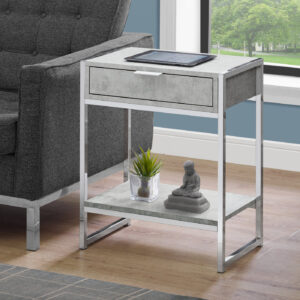 Accent Table, Side, End, Nightstand, Lamp, Storage Drawer, Living Room, Bedroom, Grey Laminate, Chrome Metal, Contemporary, Modern