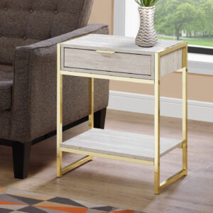 Accent Table, Side, End, Nightstand, Lamp, Storage Drawer, Living Room, Bedroom, Beige Marble Look Laminate, Gold Metal, Contemporary, Modern