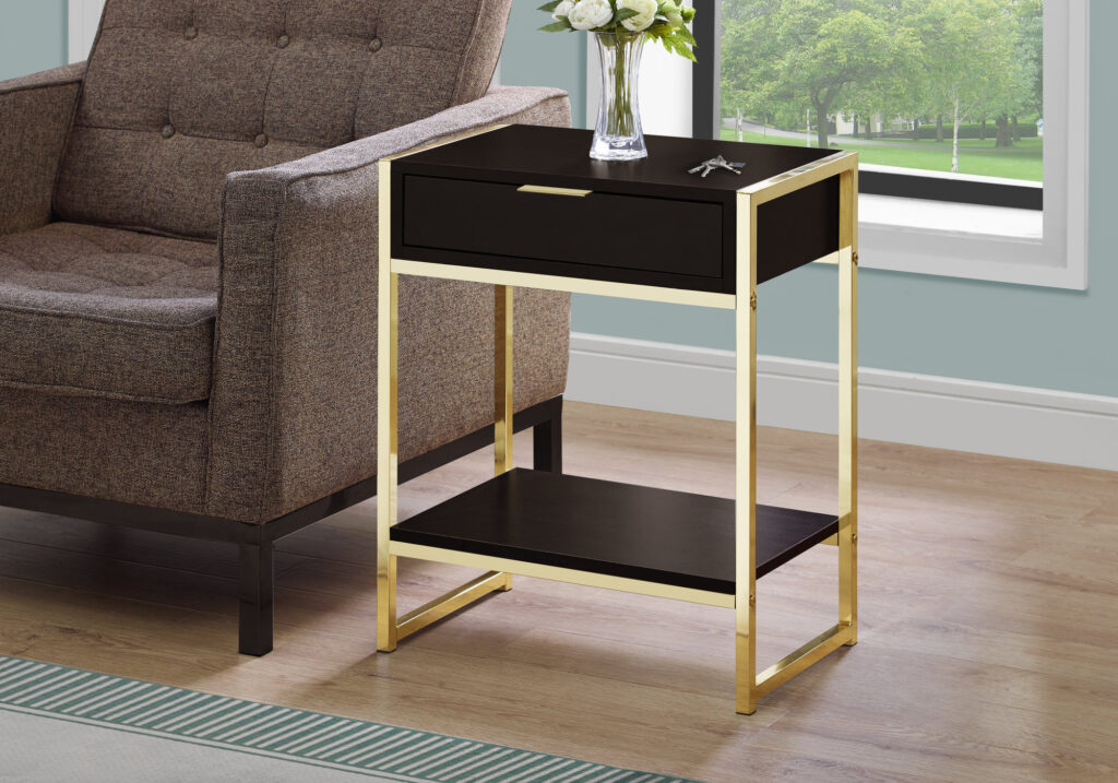 Accent Table, Side, End, Nightstand, Lamp, Storage Drawer, Living Room, Bedroom, Brown Laminate, Gold Metal, Contemporary, Modern