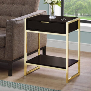 Accent Table, Side, End, Nightstand, Lamp, Storage Drawer, Living Room, Bedroom, Brown Laminate, Gold Metal, Contemporary, Modern