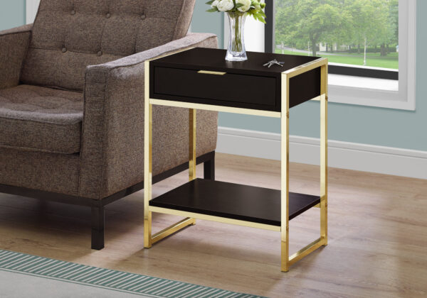 Accent Table, Side, End, Nightstand, Lamp, Storage Drawer, Living Room, Bedroom, Brown Laminate, Gold Metal, Contemporary, Modern