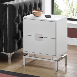 Accent Table, Side, End, Nightstand, Lamp, Storage Drawer, Living Room, Bedroom, Glossy White Laminate, Chrome Metal, Contemporary, Modern