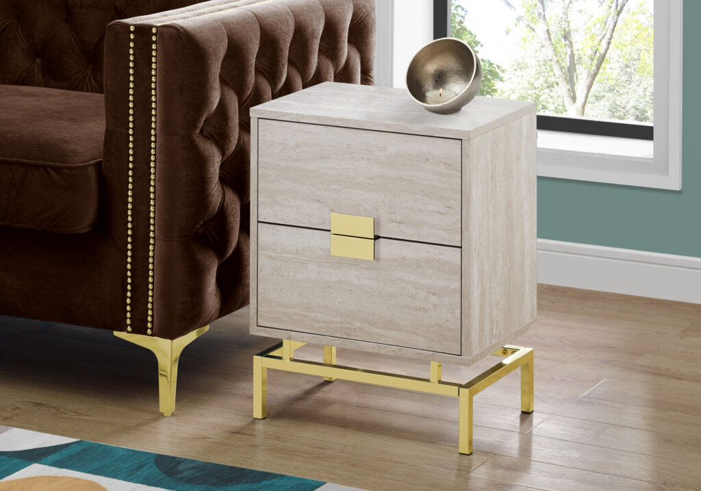 Accent Table, Side, End, Nightstand, Lamp, Storage Drawer, Living Room, Bedroom, Beige Marble Look Laminate, Gold Metal, Contemporary, Modern
