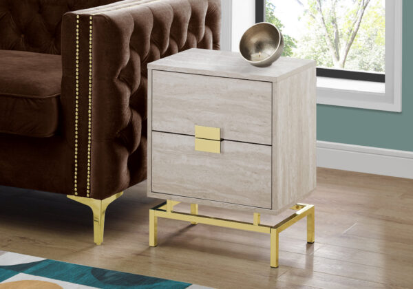 Accent Table, Side, End, Nightstand, Lamp, Storage Drawer, Living Room, Bedroom, Beige Marble Look Laminate, Gold Metal, Contemporary, Modern