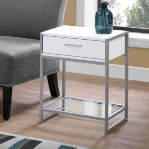 Accent Table, Side, End, Nightstand, Lamp, Storage Drawer, Living Room, Bedroom, White Laminate, Grey Metal, Contemporary, Modern