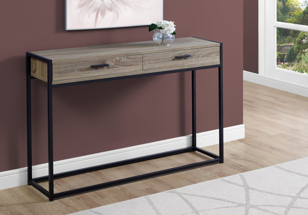 Accent Table, Console, Entryway, Narrow, Sofa, Storage Drawer, Living Room, Bedroom, Brown Laminate, Black Metal, Contemporary, Modern