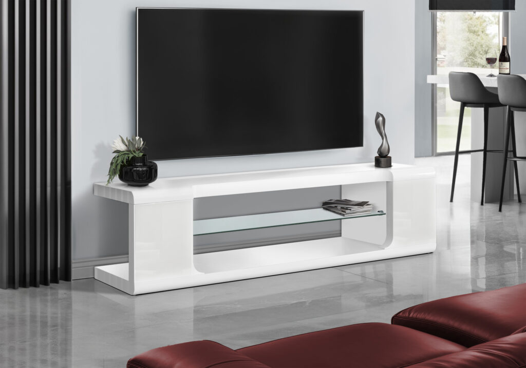 Tv Stand, 60 Inch, Console, Media Entertainment Center, Storage Shelves, Living Room, Bedroom, Glossy White Laminate, Clear Tempered Glass, Contemporary, Modern