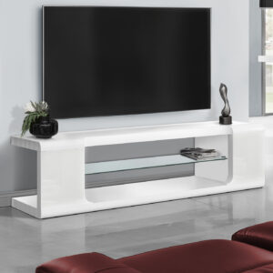 Tv Stand, 60 Inch, Console, Media Entertainment Center, Storage Shelves, Living Room, Bedroom, Glossy White Laminate, Clear Tempered Glass, Contemporary, Modern
