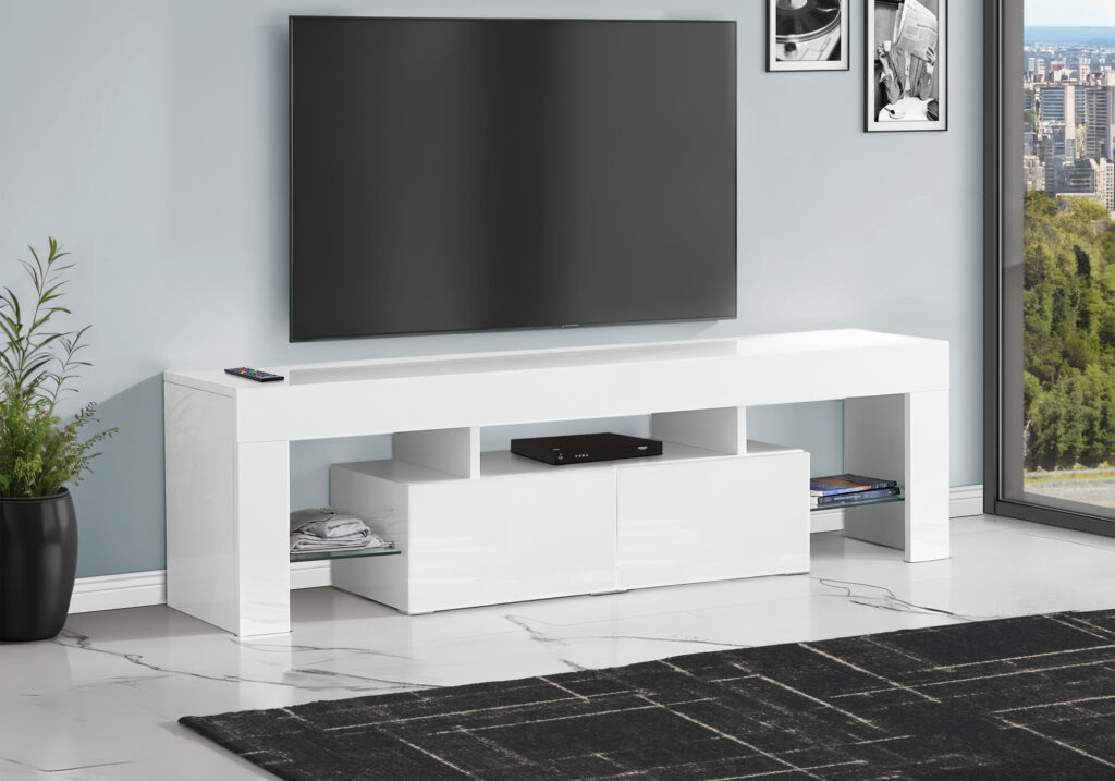 Tv Stand, 63 Inch, Console, Media Entertainment Center, Storage Cabinet, Living Room, Bedroom, Glossy White Laminate, Contemporary, Modern