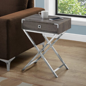Accent Table, Side, End, Nightstand, Lamp, Storage Drawer, Living Room, Bedroom, Brown Laminate, Chrome Metal, Contemporary, Modern