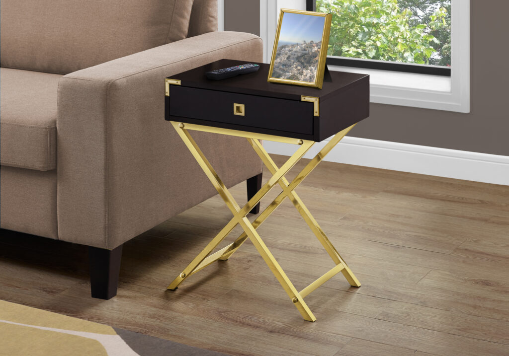 Accent Table, Side, End, Nightstand, Lamp, Storage Drawer, Living Room, Bedroom, Brown Laminate, Gold Metal, Contemporary, Modern
