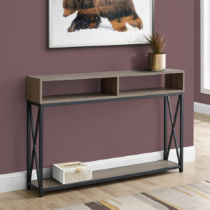 Accent Table, Console, Entryway, Narrow, Sofa, Living Room, Bedroom, Brown Laminate, Black Metal, Contemporary, Modern