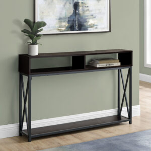 Accent Table, Console, Entryway, Narrow, Sofa, Living Room, Bedroom, Brown Laminate, Black Metal, Contemporary, Modern