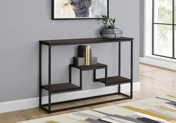 Accent Table, Console, Entryway, Narrow, Sofa, Living Room, Bedroom, Brown Laminate, Black Metal, Contemporary, Modern