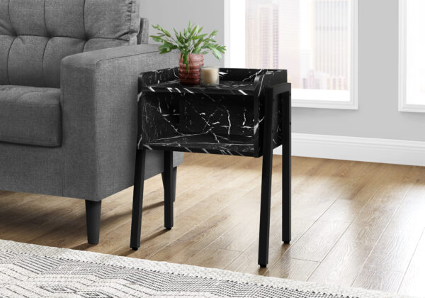 Accent Table, Side, End, Nightstand, Lamp, Living Room, Bedroom, Black Marble Look Laminate, Black Metal, Contemporary, Modern